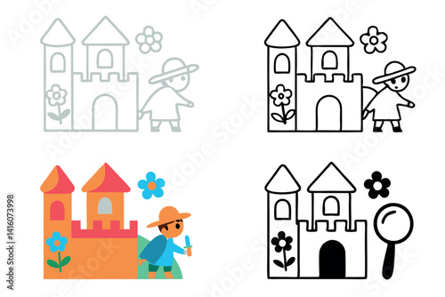 Line art of an abandoned cartoon castle surrounded by overgrown nature, illustrating a theme of decay and natural reclamation