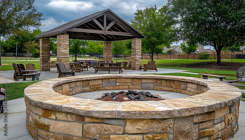 Cozy outdoor gathering space featuring a stone fire pit surrounded by wooden seating under a pavilion
