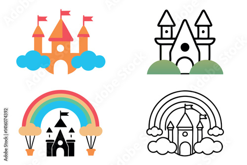 Fantasy inspired magical castle perched on a hill with a serene, dreamlike landscape surrounding it, evoking wonder and imagination
