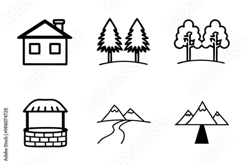 Illustration of an old style house with a rural nature backdrop, in a cartoonish design, capturing the essence of a serene countryside retreat