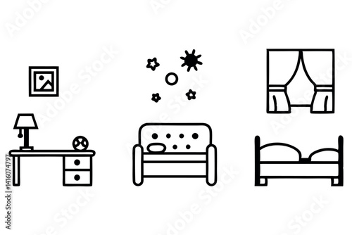 Line art of a cozy cartoon living room with a couch, lamp, and decorative elements, illustrating a playful, homey atmosphere