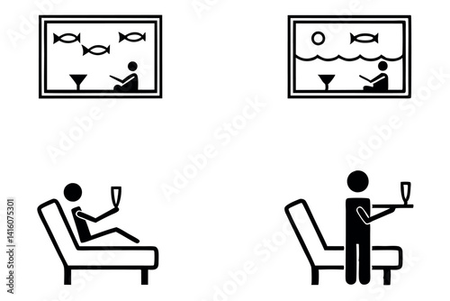 Charming underwater luxury resort cartoon line art with a peaceful ambiance, private lounges, and fish filled aquariums for an ultimate escape