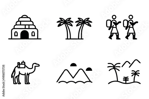 line art illustration of a caravan journey through a desert oasis with palm trees and a camel, perfect for a desert adventure