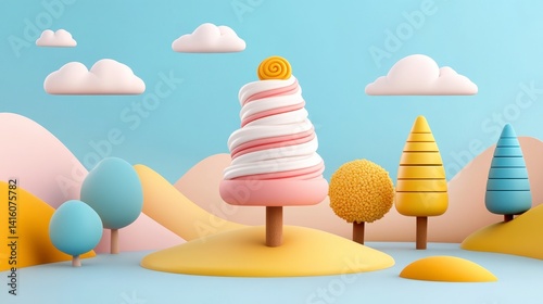 Whimsical Pastel Landscape with Spiral Tree and Stylized Trees