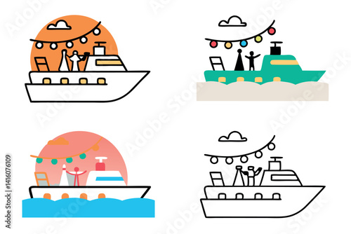 Luxury yacht cartoon line art featuring a chic party atmosphere, stylish guests, and festive lighting on a beautiful sea journey