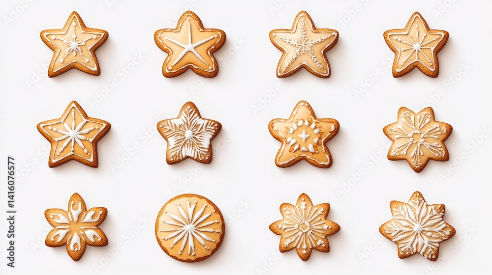 Fototapeta premium Star & Snowflake Gingerbread Cookies on White Background, Festive Baking Collection