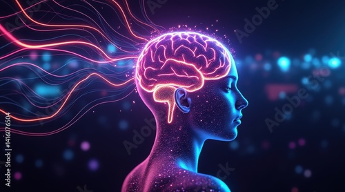 Digital art depicting a woman's head with a glowing brain and flowing hair.