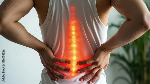 man touching back in pain, showing discomfort, health and medical concept