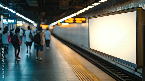 Fototapeta Naklejka Na Ścianę i Meble -  Empty advertising space at a bustling train station during sunset. with commuters walking and a train approaching in the background. creating a vibrant urban atmosphere