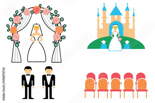 charming cartoon wedding scene, bride in white gown with floral arch, guests at ceremony, line art, perfect for wedding celebration themes