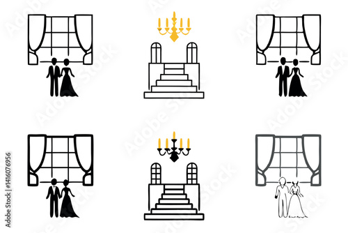 Lavish ballroom scene in line art with flowing curtains, grand chandelier, and a majestic staircase, perfect for a luxurious celebration