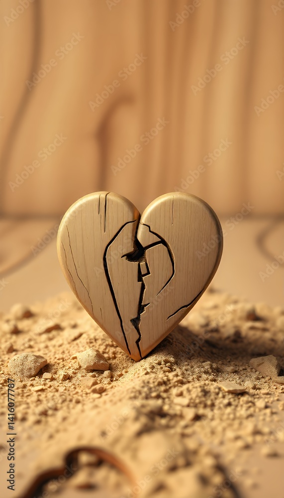Fototapeta premium Broken Wooden Heart on Sand: A Symbol of Sadness and Loss