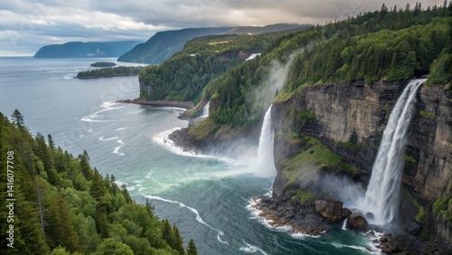 Majestic waterfalls cascading into a serene ocean landscape.