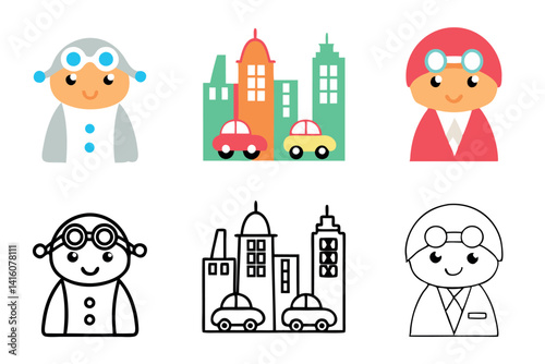 Futuristic robot and two young inventors exploring a modern cityscape with skyscrapers in this playful, colorful line art icon set, depicting innovation and progress