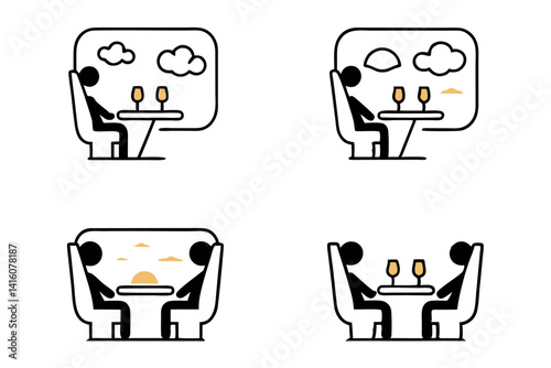 luxury cartoon private jet with leather seats, elegant and spacious interior, premium travel experience with scenic sky view line art
