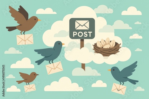 Whimsical Illustration of Birds Delivering Mail, Featuring a Post Sign, Nest, Clouds, on a Light Blue Sky Background, Graphic Style
