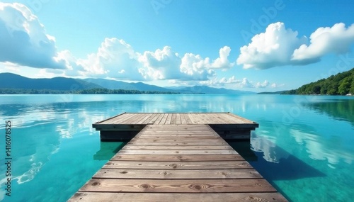 Rustic dock on raised pontoons, clear lake, fluffy clouds, reflection, Minnesota