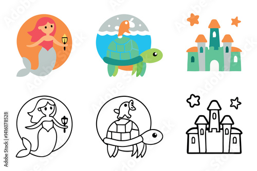 A curious cartoon mermaid in an underwater kingdom filled with magical sea creatures, an ancient castle, and underwater beauty, captured in this whimsical line art icon set