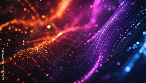 Abstract representation of flowing digital waves illuminated by vibrant orange and blue lights. creating a dynamic atmosphere ideal for technology-related themes