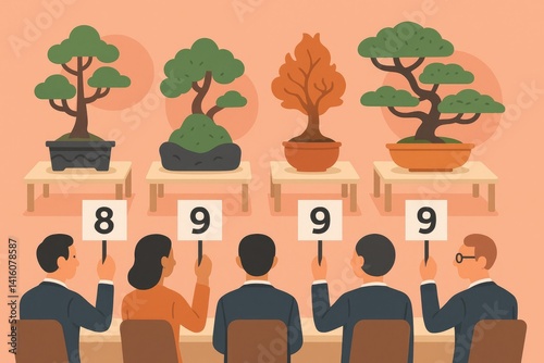 Bonsai Auction with Bidders Holding Paddles in a Warm, Minimalist Style