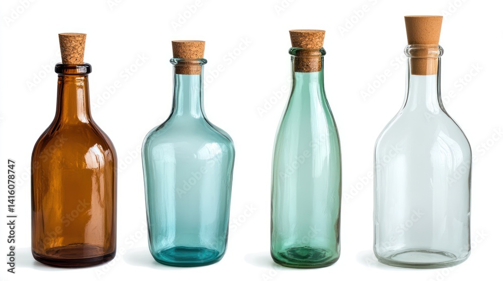 Four corked glass bottles, studio shot, white background, packaging design Four corked glass bottles, studio shot, white background, packaging design