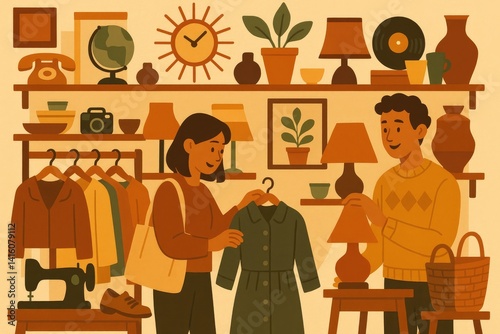 Stylized Illustration of a Woman and Man Shopping in a Second-Hand Clothing Store, Featuring Shelves Full of Vintage Items in Muted Brown Tones