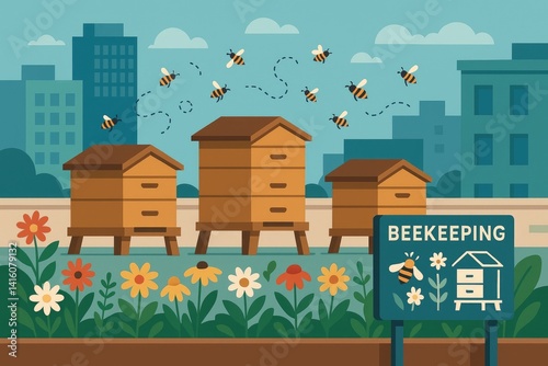 Flat Vector, City Scene with Beehives, Bees, Flowers, Beekeeping Sign, Muted Colors, Peaceful, Educational Graphic