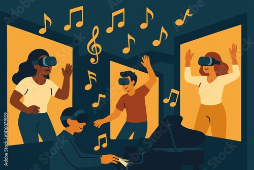 Stylized Vector Illustration of People Immersed in VR, Music Composition & Entertainment, Modern Tech Aesthetic, Teal & Gold Palette