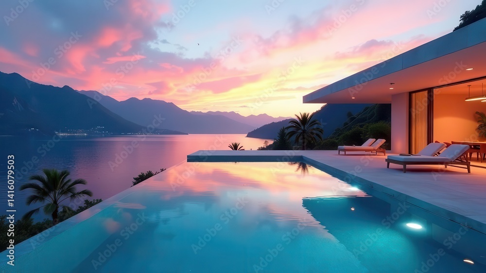 Fototapeta premium Serene Sunset Vista Infinity Pool and Modern Architectural Design on Lakeside Property