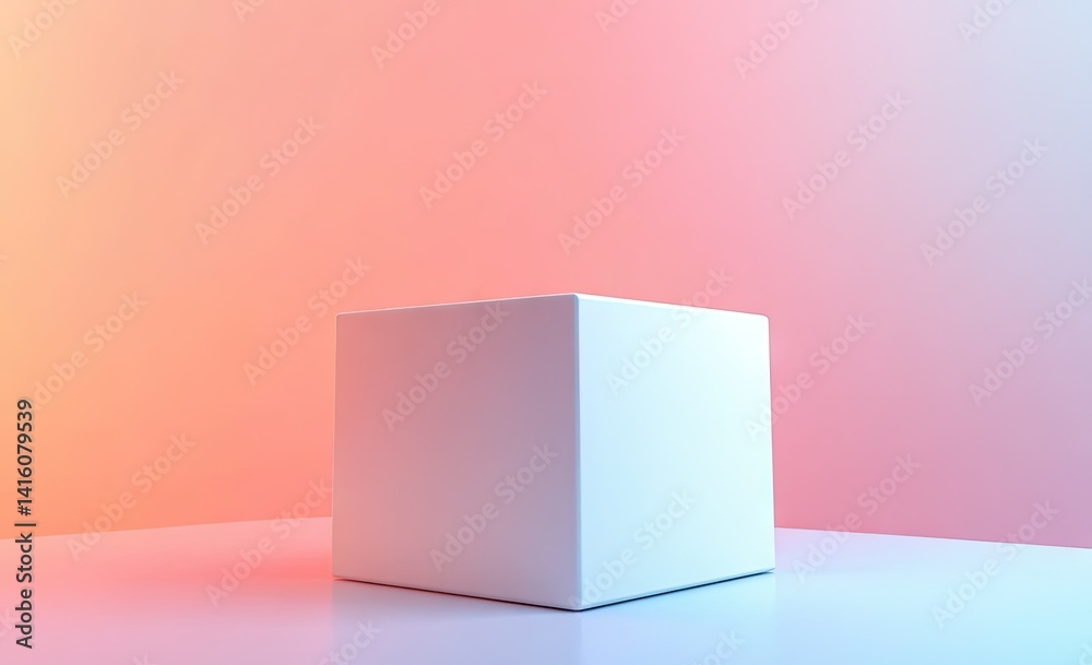 A minimalist white cube sits on a softly illuminated surface. surrounded by a gradient of pastel colors. creating a serene and modern atmosphere suitable for product displays or artistic concepts A minimalist white cube sits on a softly illuminated surface. surrounded by a gradient of pastel colors. creating a serene and modern atmosphere suitable for product displays or artistic concepts