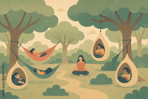 Stylized Illustration of Diverse Women Relaxing in a Forest with Hammocks and Hanging Pod Chairs, Serene and Calm, Earthy Tones