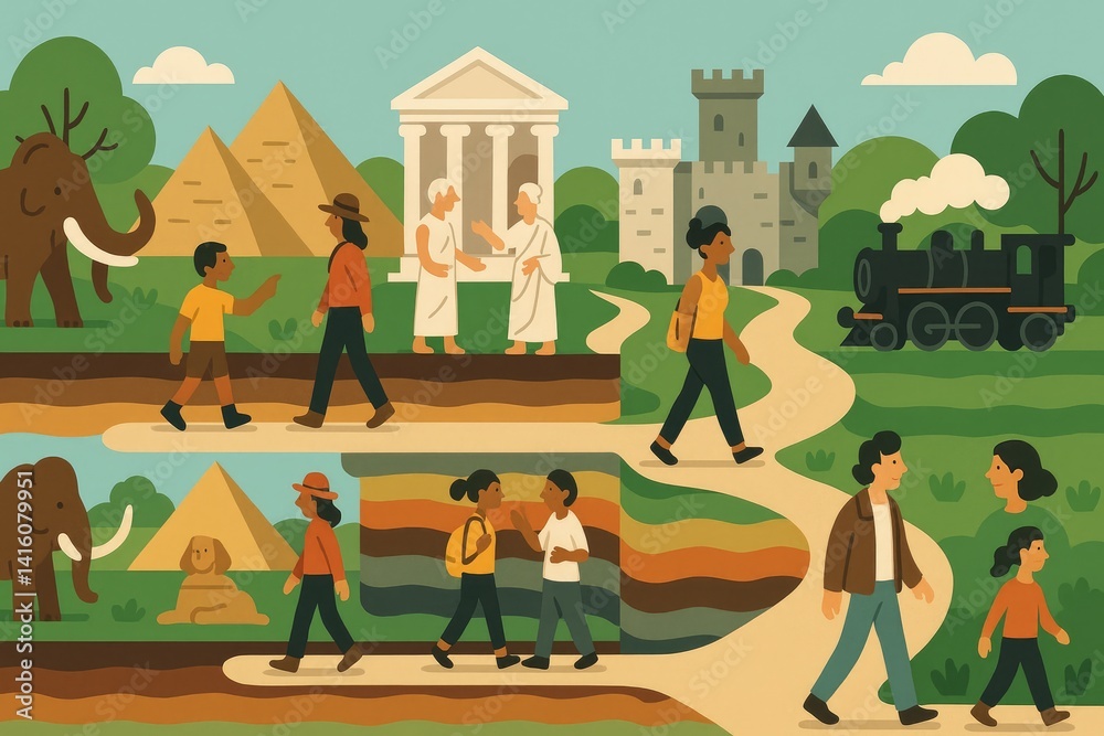 Obraz premium Flat Illustration of Historical Travel with People, Pyramids, Castle, Train, and Grecian Architecture in Earth Tones