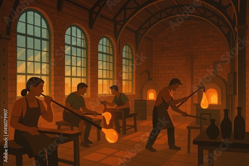 Glassblowers in Warm Brick Workshop, Vector Art, Soft Lighting, Silhouetted Figures, Arched Windows, Historic Industry, Artisan Craftsmanship