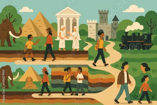 Flat Illustration of Historical Travel with People, Pyramids, Castle, Train, and Grecian Architecture in Earth Tones