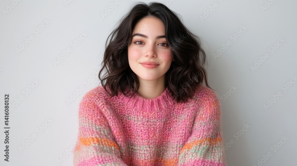 Smiling young woman in a vibrant pink sweater Smiling young woman in a vibrant pink sweater