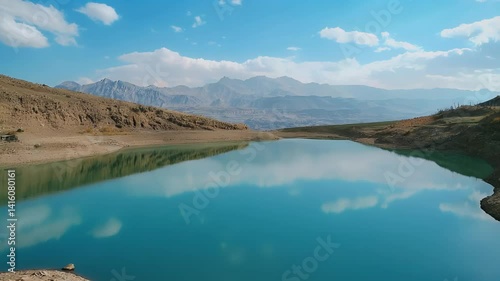 Calm water reflects blue sky and mountains. Serene, natural landscape with earthy hues