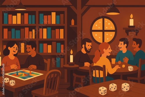 Friends Playing Board Games in a Retro Style, Warm Tones, Candlelit Room with Smiling Faces and Retro Illustration