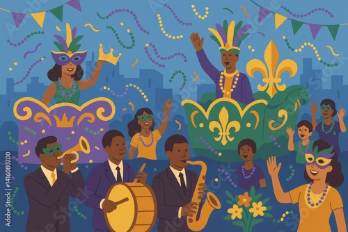 Colorful Illustration of a New Orleans Mardi Gras Parade with Music, Masks, and Festive Decorations, Vector Style