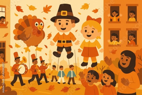 Whimsical Thanksgiving Parade Illustration with Fall Colors and Flat Design Style, featuring Children, Turkey, Pilgrim Couple and Musical Band