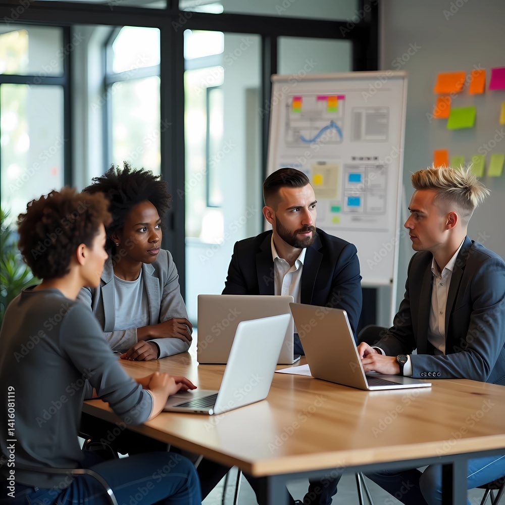 A group of diverse business professionals in a formal meeting discussing strategy in a modern office setting. Team collaboration, corporate teamwork, and leadership concept. AI-generated, high-quality A group of diverse business professionals in a formal meeting discussing strategy in a modern office setting. Team collaboration, corporate teamwork, and leadership concept. AI-generated, high-quality