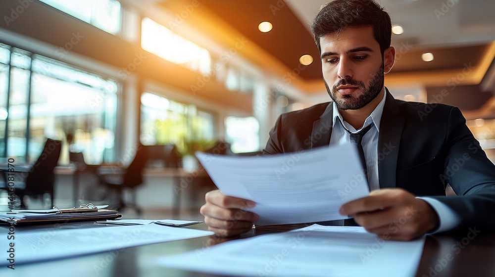 Obraz premium Job Applicant Preparing for Interview with Resumes and Documents in Modern Office Setting