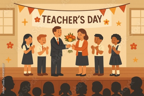 Presentation of Flowers on Stage with Applauding Students and Audience in Warm Tones