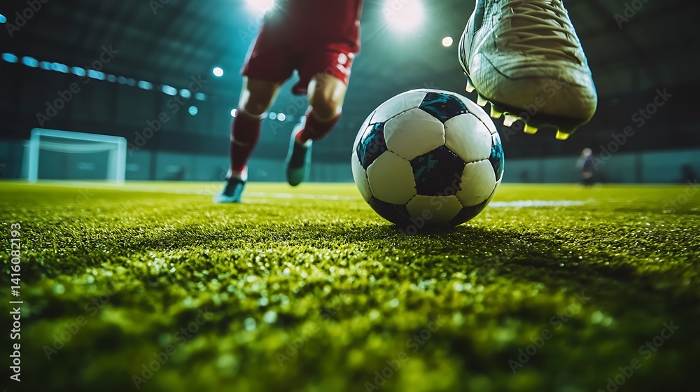 Kicking Soccer Ball on Field Action Shot in Stadium Kicking Soccer Ball on Field Action Shot in Stadium