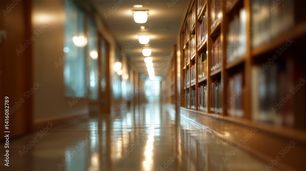 Fototapeta premium Exploring Long Library Hallway with Bookshelves and Reflected Light