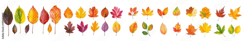 Fototapeta premium collection of diverse autumnal leaves in a range of colors, isolated on transparent background