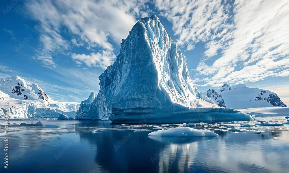 custom made wallpaper toronto digitalVast iceberg towers on reflective water. Blue and white hues dominate under a cloudy, striped sky. Snow covered mountains visible