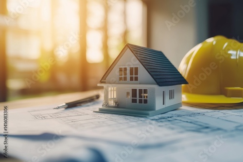 Miniature house model atop architectural blueprints, alongside a safety helmet, suggesting a construction or home design project