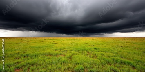 Monochrome thundercloud mass sweeping over grassy plain creating an intense blackened storm scene with heavy atmosphere and isolated terrain tension in 4k