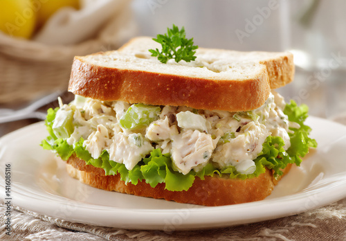 a chicken salad sandwich with lettuce and mayonnaise, sitting on top of an empty white plate
