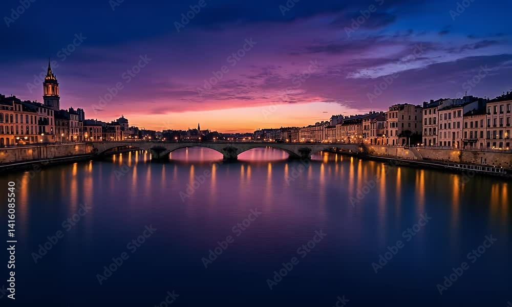Evening cityscape with a river, bridge, and stunning sky. Warm lights reflect on water, creating a picturesque scene